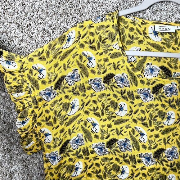 Masai Nara Dress Women’s Small Yellow/Blue/White Floral Print Short Sleeve Shift - Picture 2 of 5